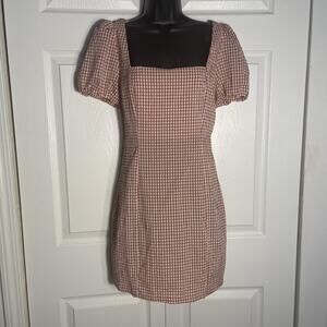 Lush Dress Women Medium Mauve Gingham Puff Sleeve‎ Criss Cross Back Cottagecore